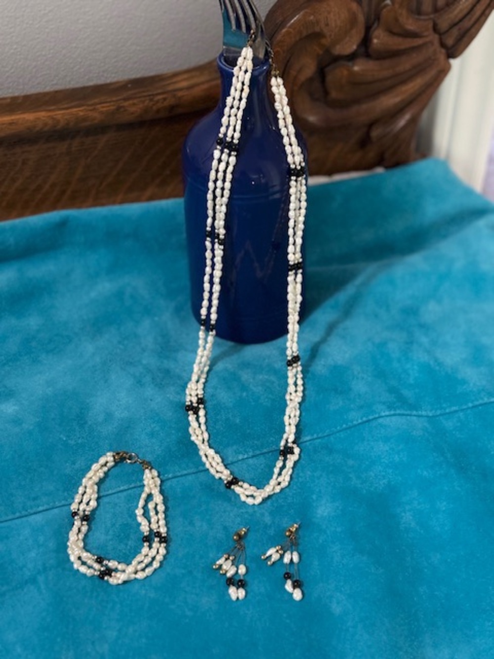 3-Strand Fresh Water Pearls Necklace w/ Plated Gold & Onyx, Bracelet, Earrings